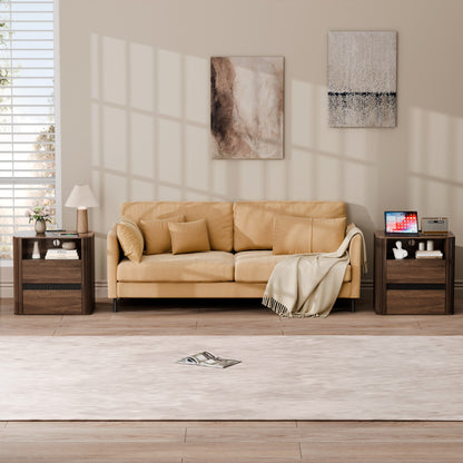 Satifur 2-Drawer Fluted Nightstand, Wood Bedside Table with Charging Station, End Table for Living Room Bedroom,Walnut,Set of 2