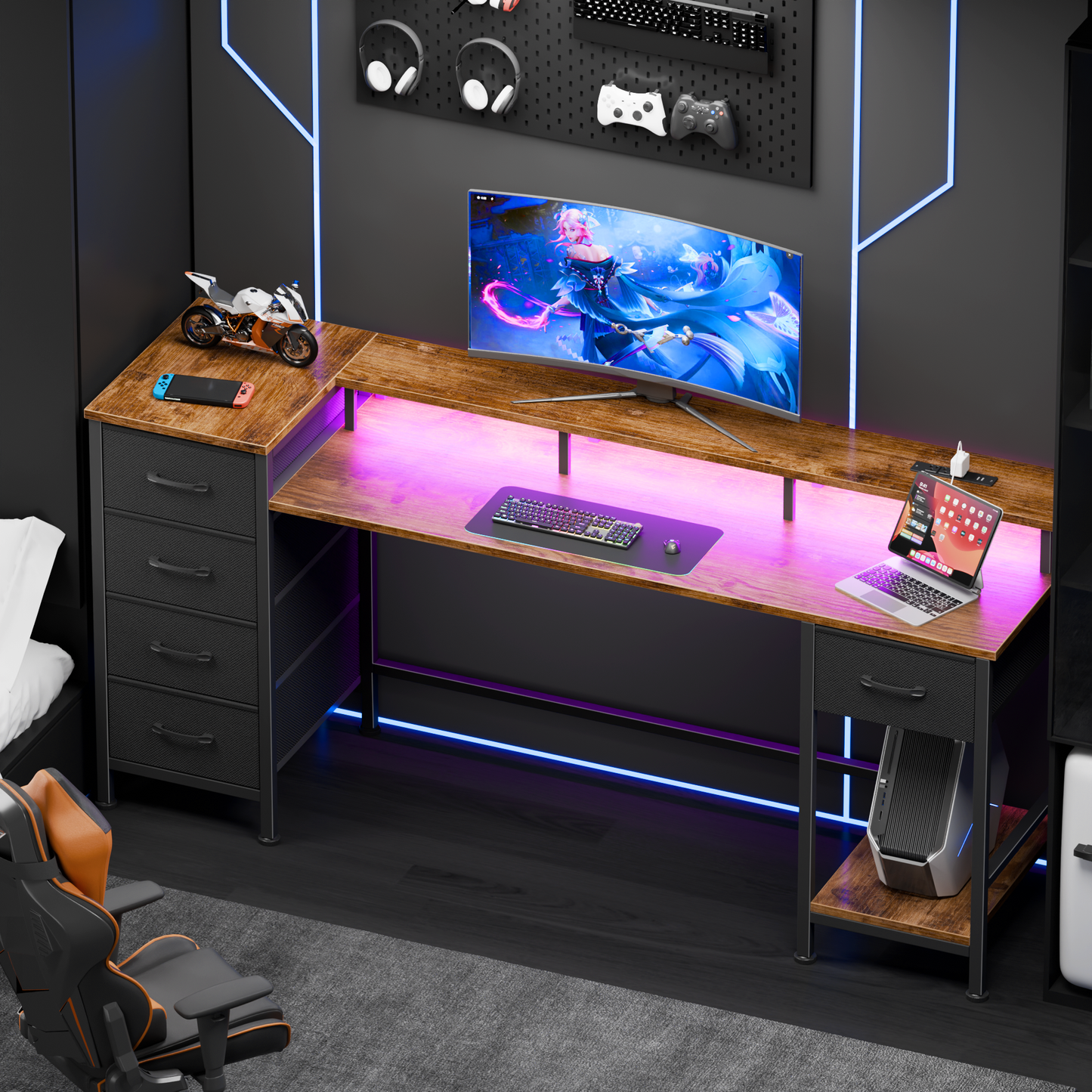 Satifur Gaming Desk with LED Lights & Power Outlets, 61" Computer Desk with 5 Fabric Drawers & Open Storage, Reversible Home Office Desk,Retro Brown