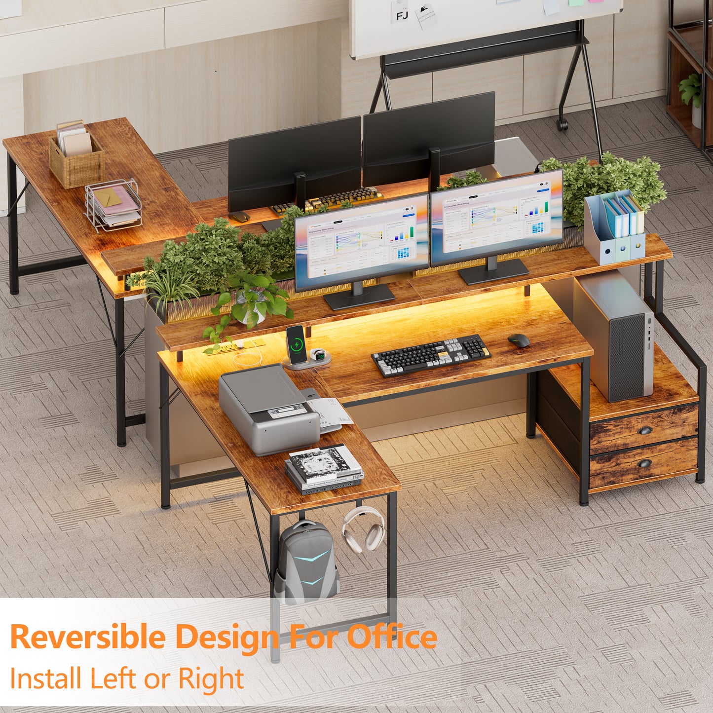 Satifur 57" L-Shaped Gaming Desk with LED Lights & Power Outlets, Computer Desk with Drawers & Printer Stand, Rustic Brown
