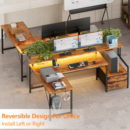 Satifur 57" L-Shaped Gaming Desk with LED Lights & Power Outlets, Computer Desk with Drawers & Printer Stand, Rustic Brown