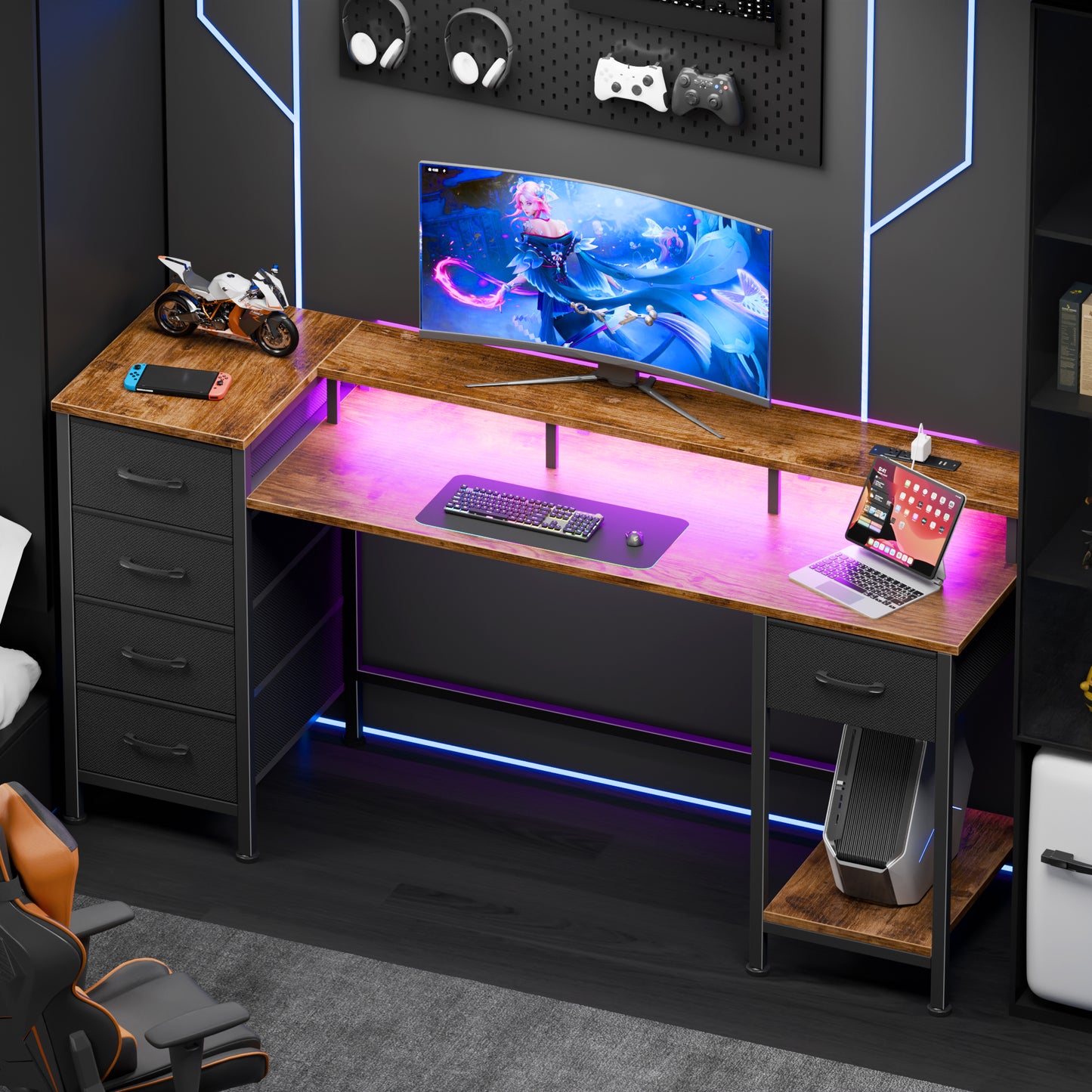 Satifur Gaming Desk with LED Lights & Power Outlets, 55" Computer Desk with 5 Fabric Drawers & Open Storage, Reversible Home Office Desk,retro Brown