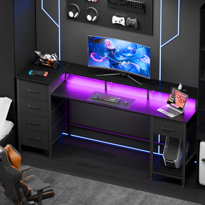 Satifur Gaming Desk with LED Lights & Power Outlets, 66" Computer Desk with 5 Fabric Drawers & Open Storage, Reversible Home Office Desk,Black