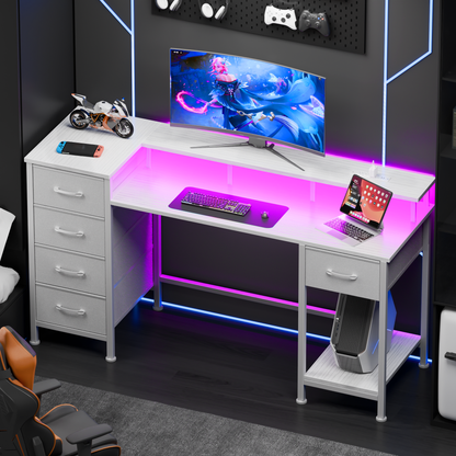 Satifur Gaming Desk with LED Lights & Power Outlets, 47" Computer Desk with 5 Fabric Drawers & Open Storage, Reversible Home Office Desk,White