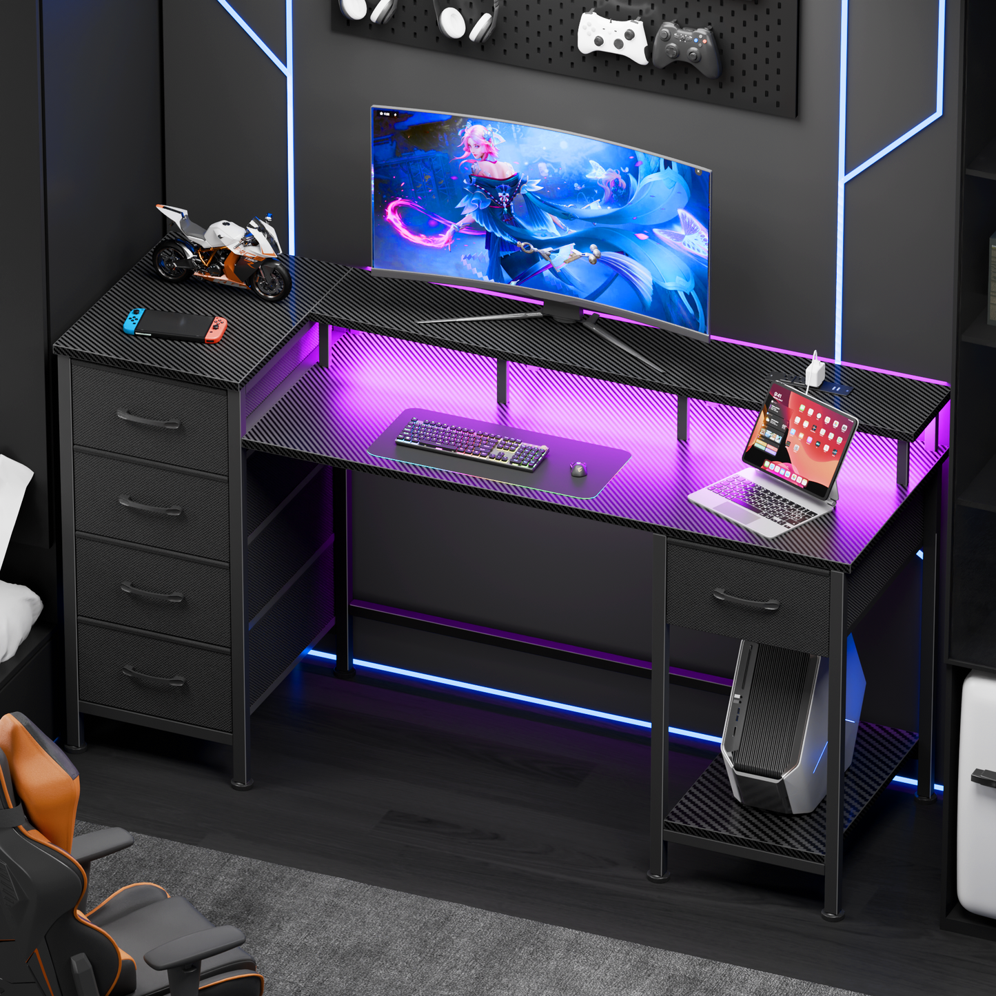 Satifur Gaming Desk with LED Lights & Power Outlets, 47" Computer Desk with 5 Fabric Drawers & Open Storage, Reversible Home Office Desk,Carbon Fiber Black