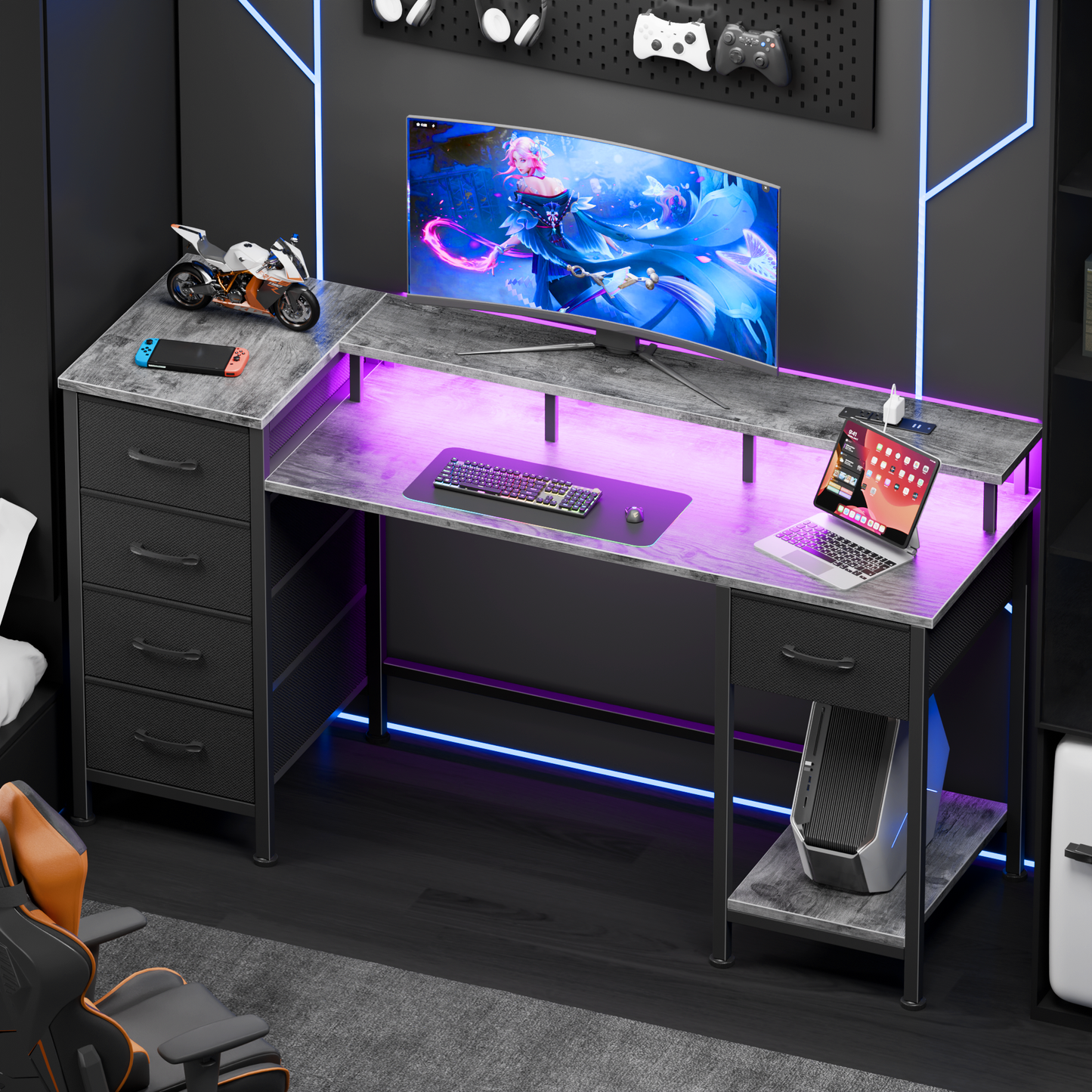 Satifur Gaming Desk with LED Lights & Power Outlets, 47" Computer Desk with 5 Fabric Drawers & Open Storage, Reversible Home Office Desk,Grey
