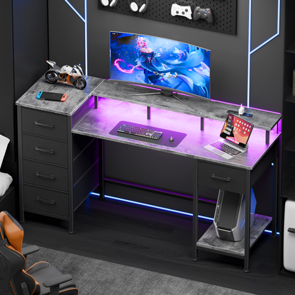 Satifur Gaming Desk with LED Lights & Power Outlets, 47" Computer Desk with 5 Fabric Drawers & Open Storage, Reversible Home Office Desk,Grey