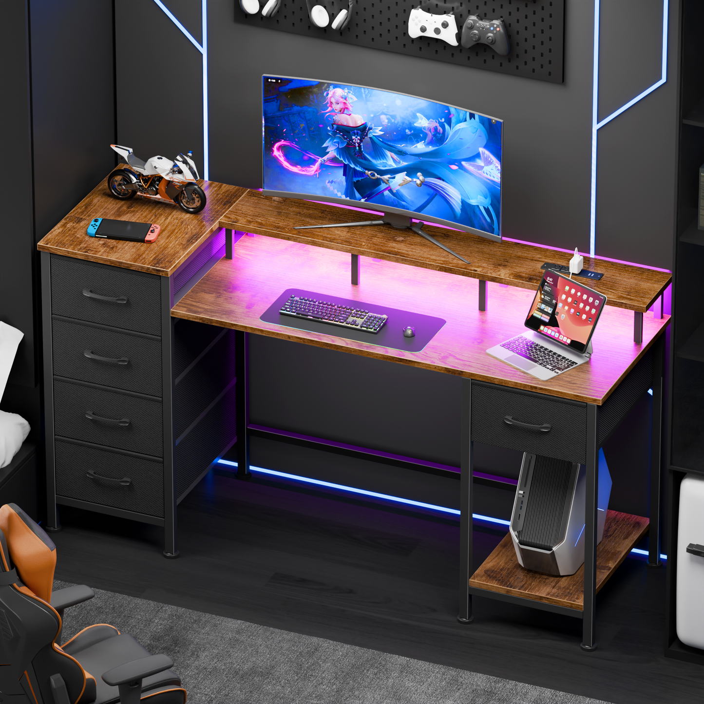 Satifur Gaming Desk with LED Lights & Power Outlets, 47" Computer Desk with 5 Fabric Drawers & Open Storage, Reversible Home Office Desk,Retro Brown