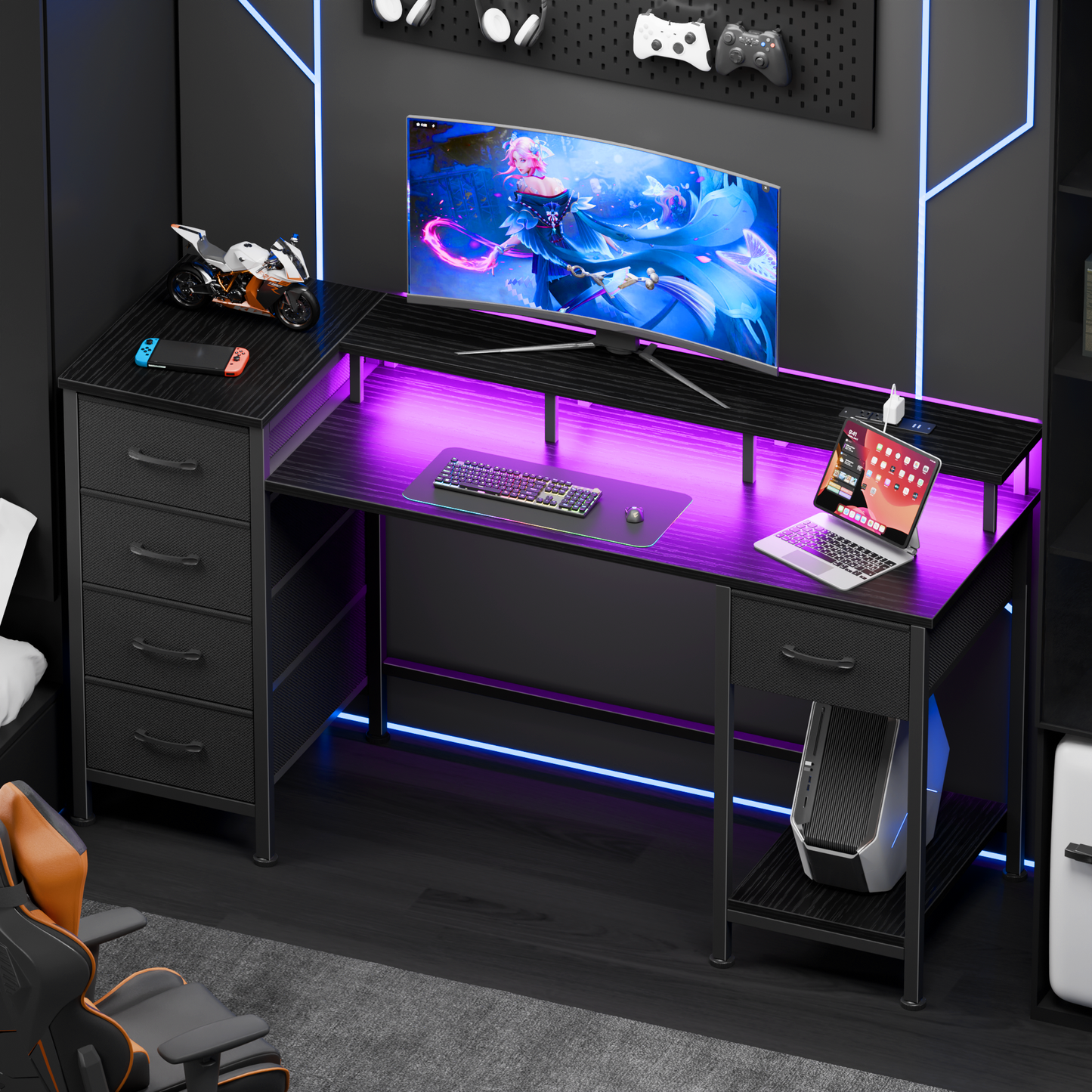 Satifur Gaming Desk with LED Lights & Power Outlets, 47" Computer Desk with 5 Fabric Drawers & Open Storage, Reversible Home Office Desk,Black