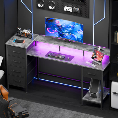Satifur Gaming Desk with LED Lights & Power Outlets, 55" Computer Desk with 5 Fabric Drawers & Open Storage, Reversible Home Office Desk,Grey
