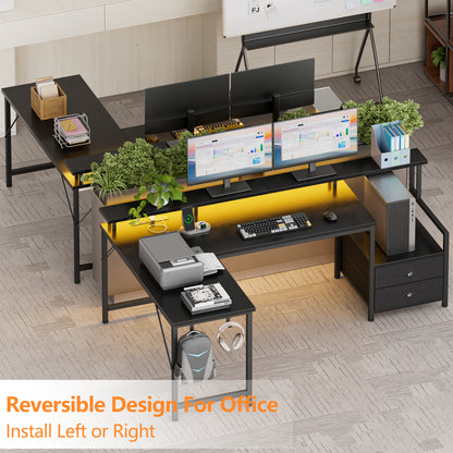 Satifur 57" L-Shaped Gaming Desk with LED Lights & Power Outlets, Computer Desk with Drawers & Printer Stand, Black