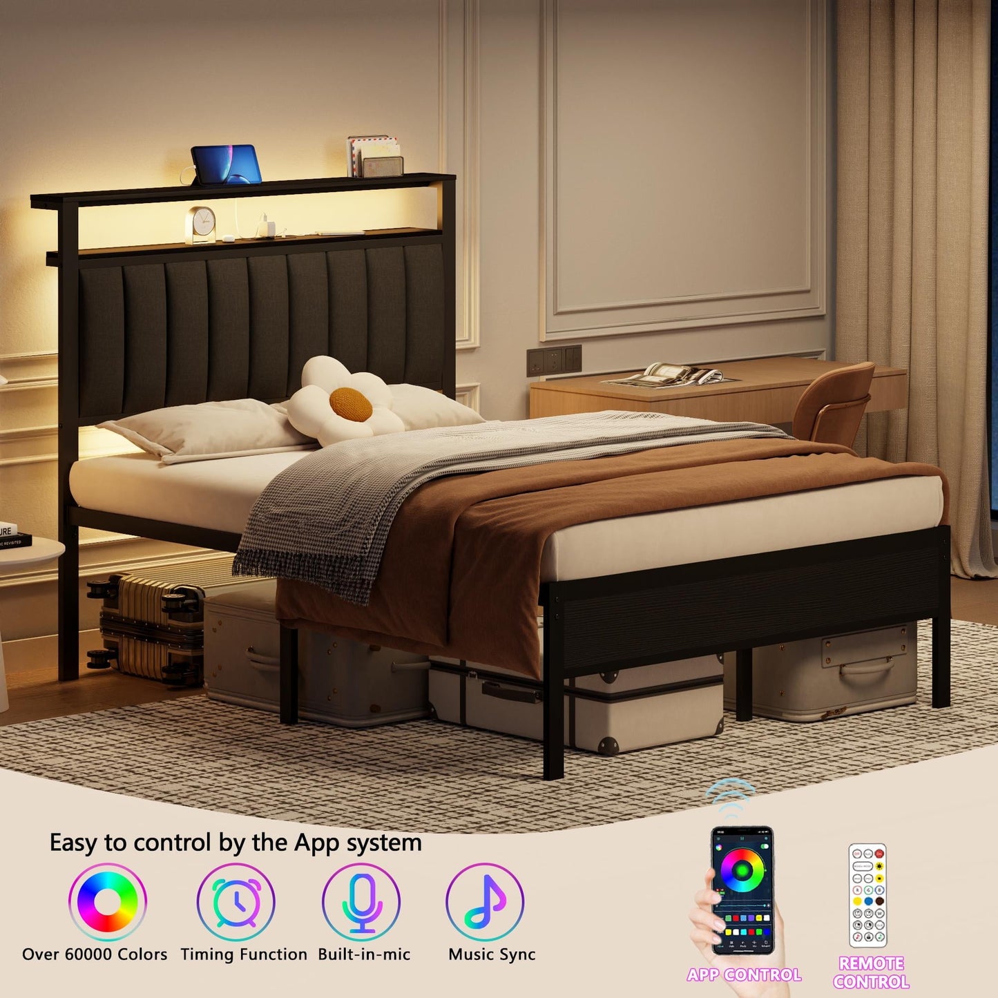 Hexmn Electric Full Size Platforrm Bed Frames with Charging Station, LED Standard Storage Space Bed for Bedroom, No Box Spring Needed