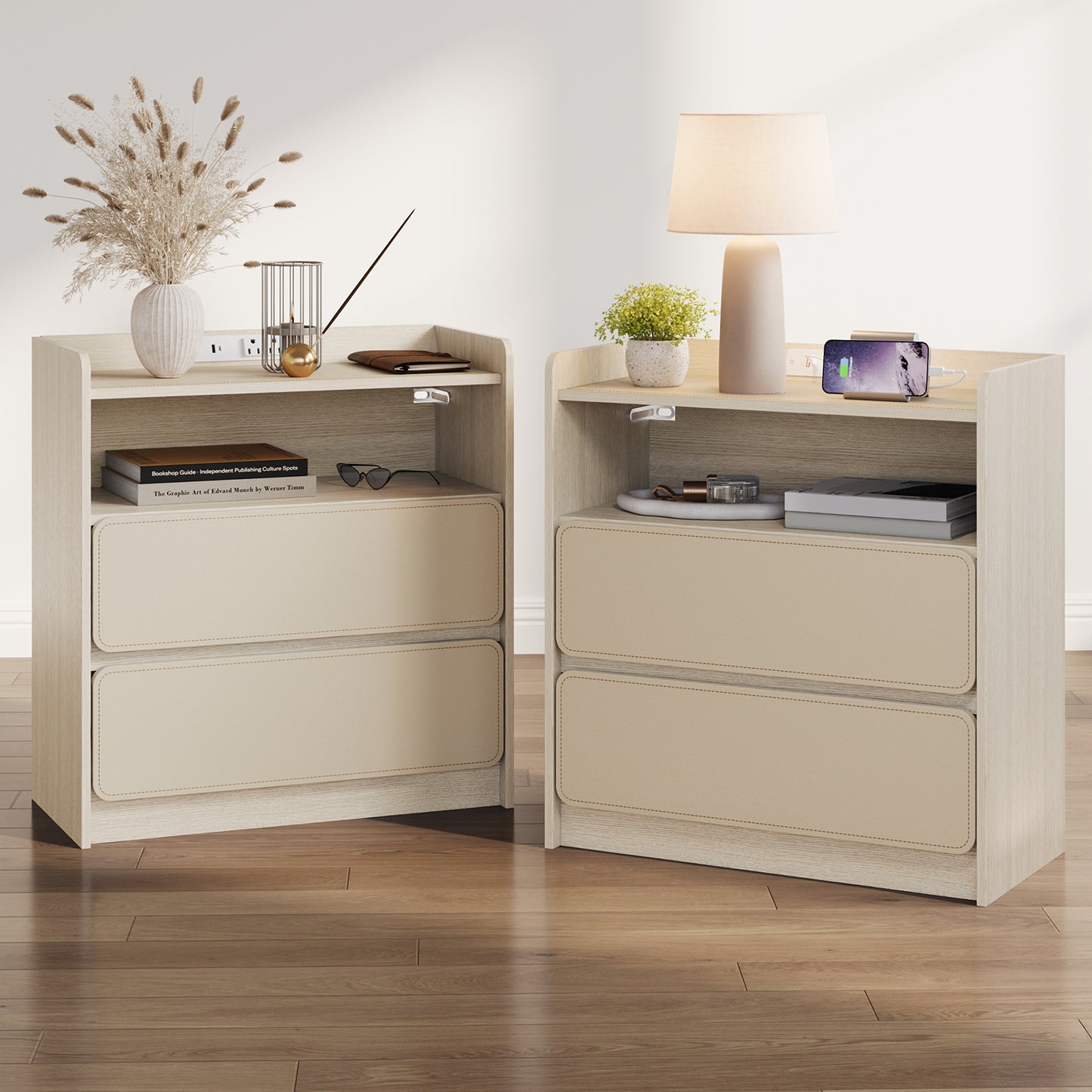 Iezza Set of 2 Saddle Leather Nightstand, Wooden Bedside Table with Charging Port & Storage Drawers