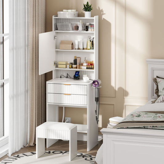 Satifur Vanity Set with Lighted Mirror, Women Dressing Desk with Stool, Drawers & Charging Station, Adult Makeup Vanity with Shelves, White