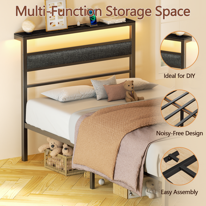 Satifur Twin Size Bed Frame with Upholstered Headboard & Shelf, LED Lights & USB Charging Station, Metal Black