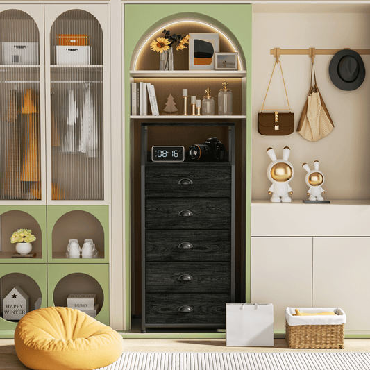 TYDIMOR Fabric Dresser for Bedroom, 5 Drawer Chest of Drawers, Black, Ideal for Adults