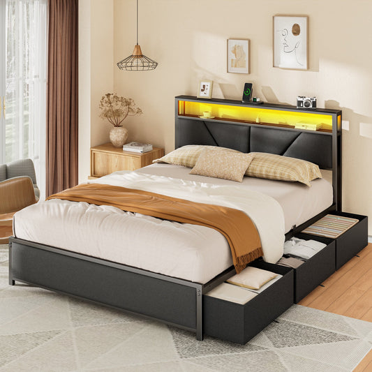 Satifur Queen Size Bed Frame with 2-Tier Bookcase Headboard Platform Bed with Charging Station & LED, 6 Storage Drawers, Metal Support, No Box Spring Needed, Noise Free,Black