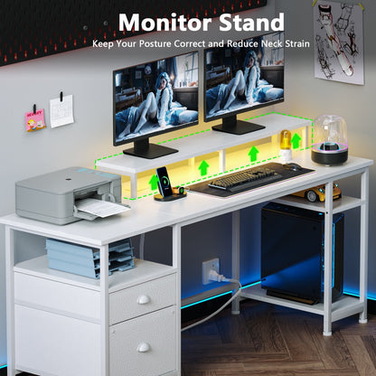 Hexmn White Multi-Functional Computer Desk with Dual Monitor Stand, Adjustable Shelves & RGB LED Lighting