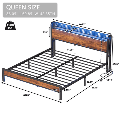 Hexmn Queen RGB LED Strip Platforrm Bed Frames with Headboard Metal, Storage Shelves & Underbed, Niose Free, No Box Spring Needed