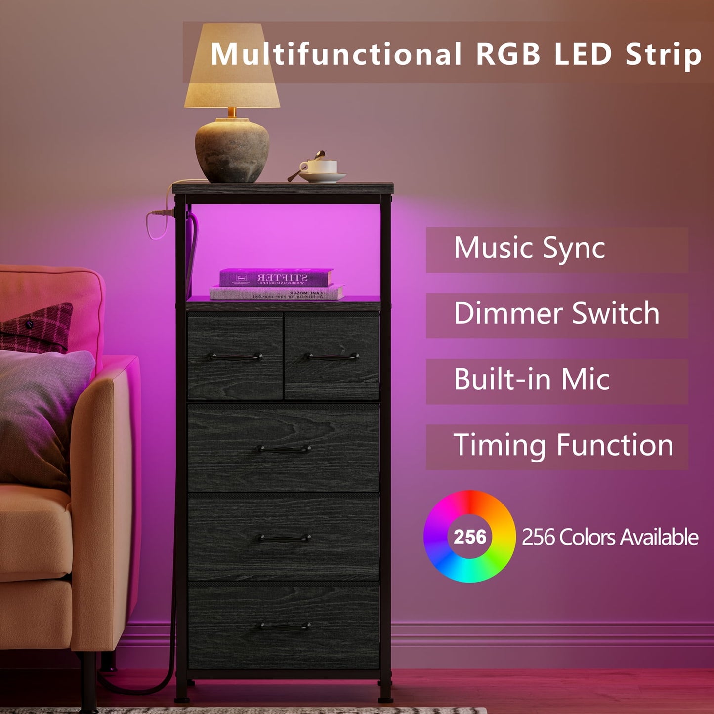 TYDIMOR Small Dresser for Bedroom, 5 Drawer with Charging Station, Black, Ideal for Adults