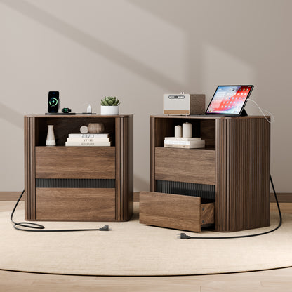 Satifur 2-Drawer Fluted Nightstand, Wood Bedside Table with Charging Station, End Table for Living Room Bedroom,Walnut,Set of 2