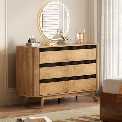 Satifur 6 Drawer Dresser, Wooden Wide Chest of Drawers for Bedroom, Living Room Storage Cabinet and TV Stand up to 45 Inch, Natural Oak