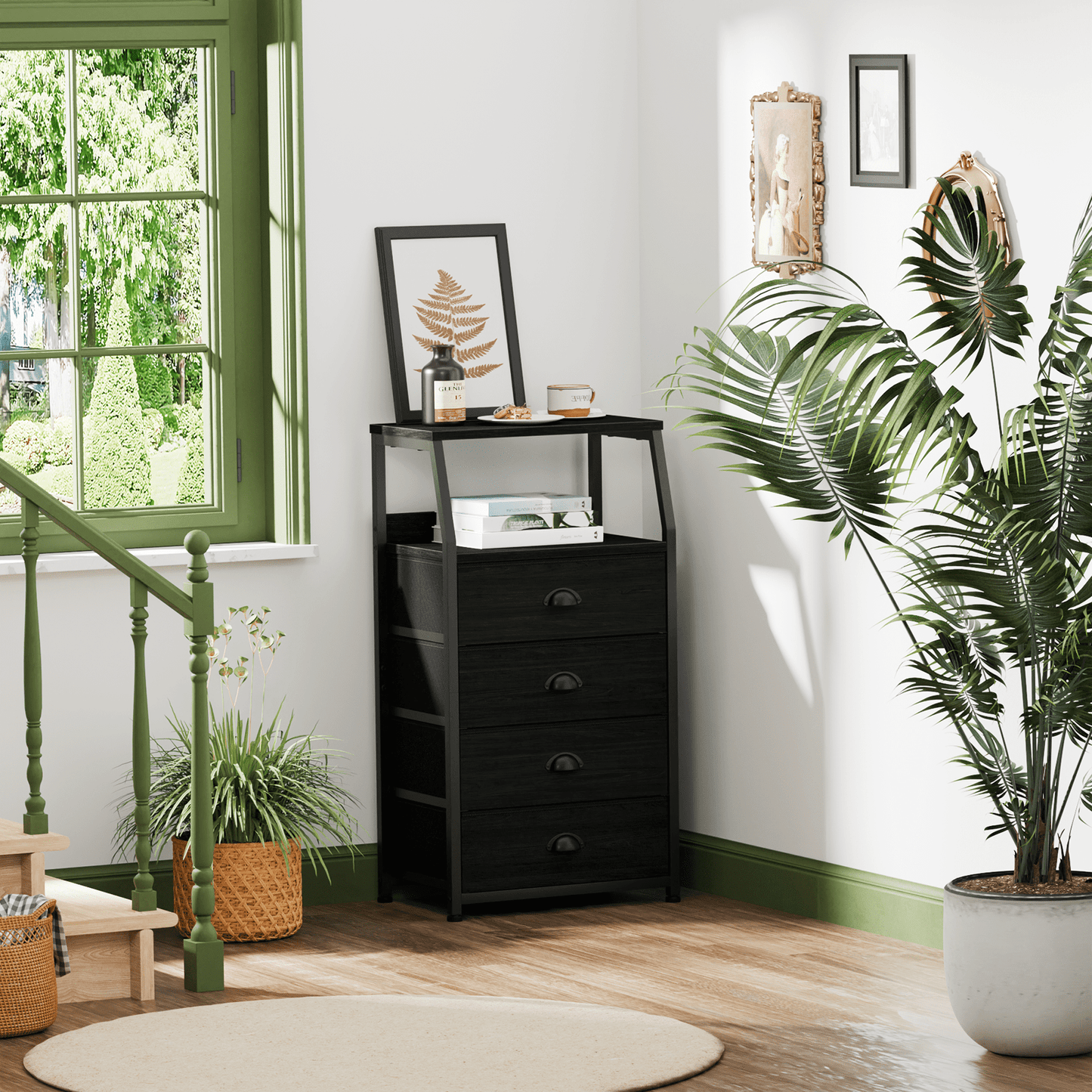Satifur 4-Drawer Nightstand,Vertical Fabric Dresser Storage End Table,for All Age,Black Oak