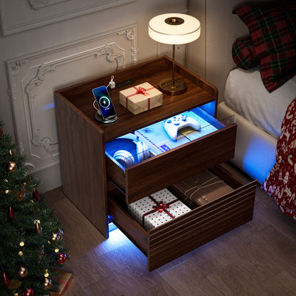 Satifur Nightstand with Charging Station and Smart LED Lights, Modern Fluted Bedside Table with 2 Drawers, End Table for Bedroom and Living Room, American Walnut