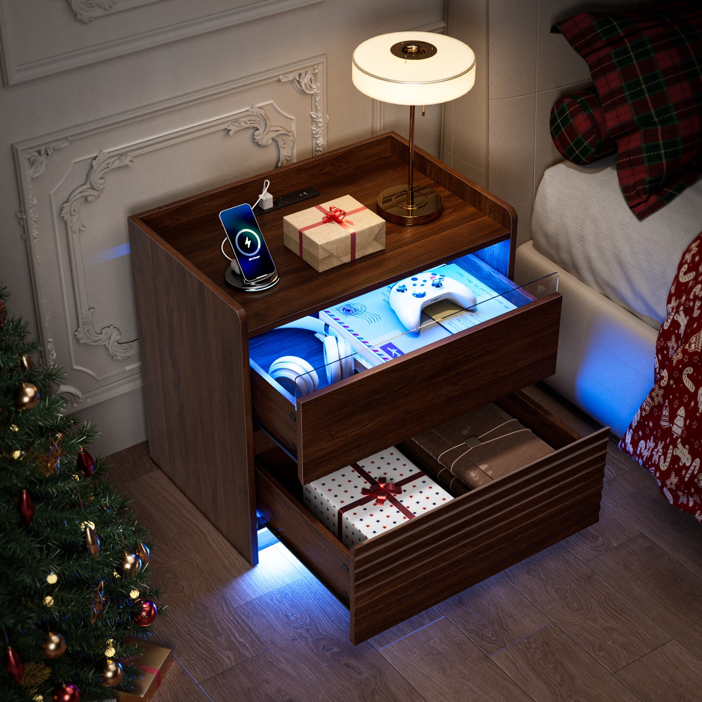 Satifur Nightstand with Charging Station & LED Lights, Smart Wooden Bedside Table with 2 Drawers, Fluted End Table, Walnut, Set of 2
