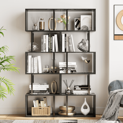 Satifur 5-Tier S-Shaped Geometric Bookcase, Industrial Freestanding Storage Shelving Unit,Black