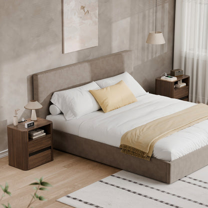 Satifur 2-Drawer Fluted Nightstand, Wood Bedside Table with Charging Station, End Table for Living Room Bedroom,Walnut,Set of 2