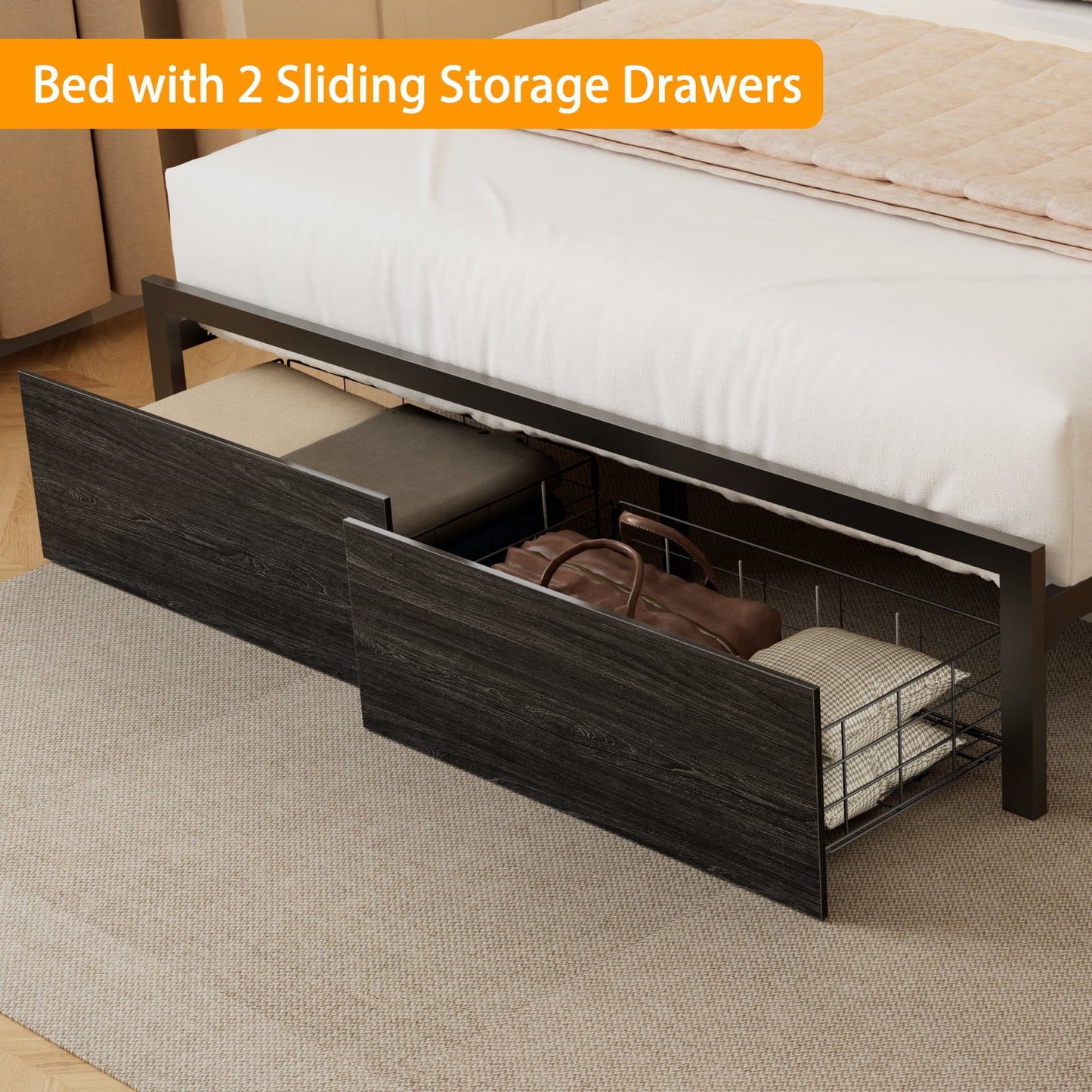 Hexmn Queen Size LED Metal Bed Frame Built-In Charging, Platforrm Storage Bed Frames Under-bed Storage and Noise Free Design