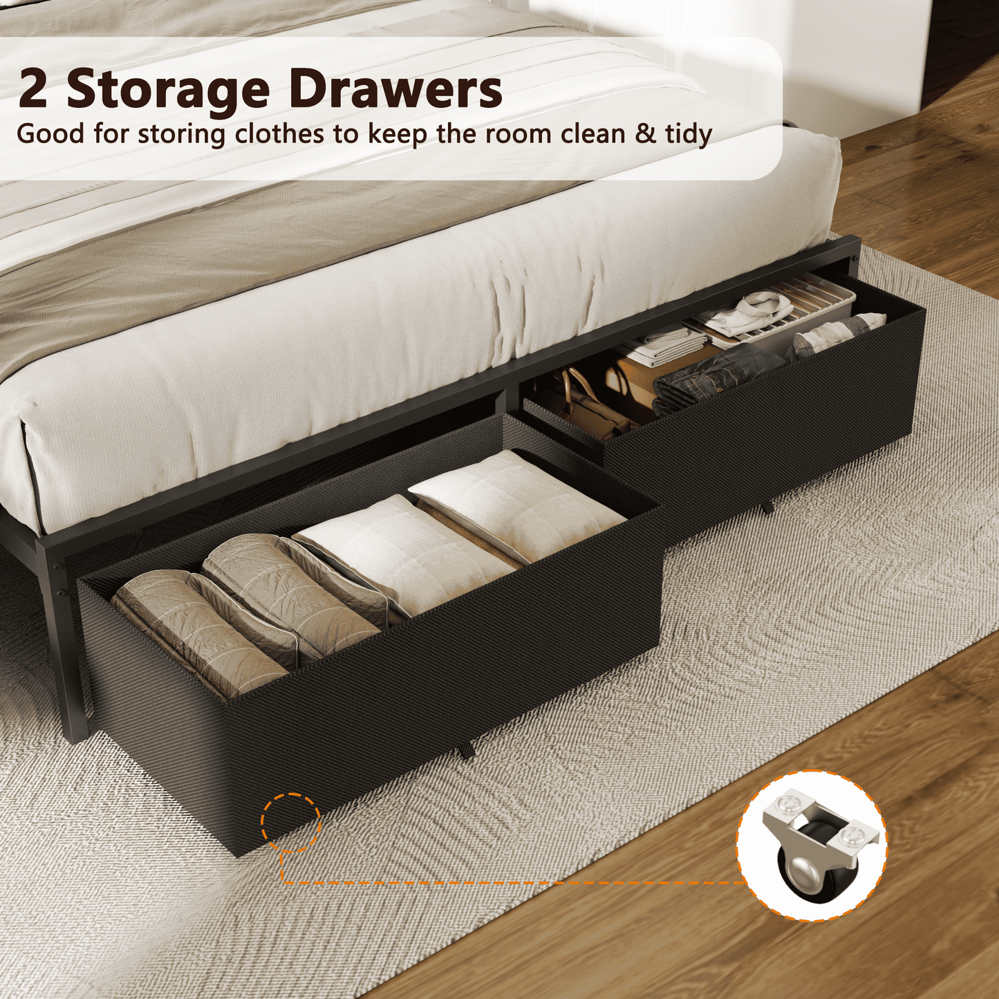 Tydimor Queen Size Bed Frame with 2 Drawers & LED Lights & Charging Station, Beds with Headboard & 10.10" Under Bed Storage, No Box Spring Needed, Easy Assembly, Black