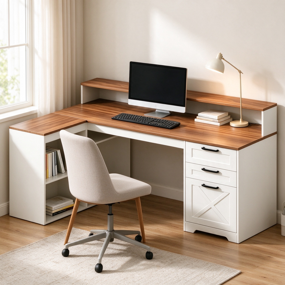 Satifur 59 Inch Farmhouse L‑Shaped Computer Desk with Power Outlet, Home Office Desk with Hutch, Storage Shelves, Cabinet & Printer Stand, Walnut Brown and White