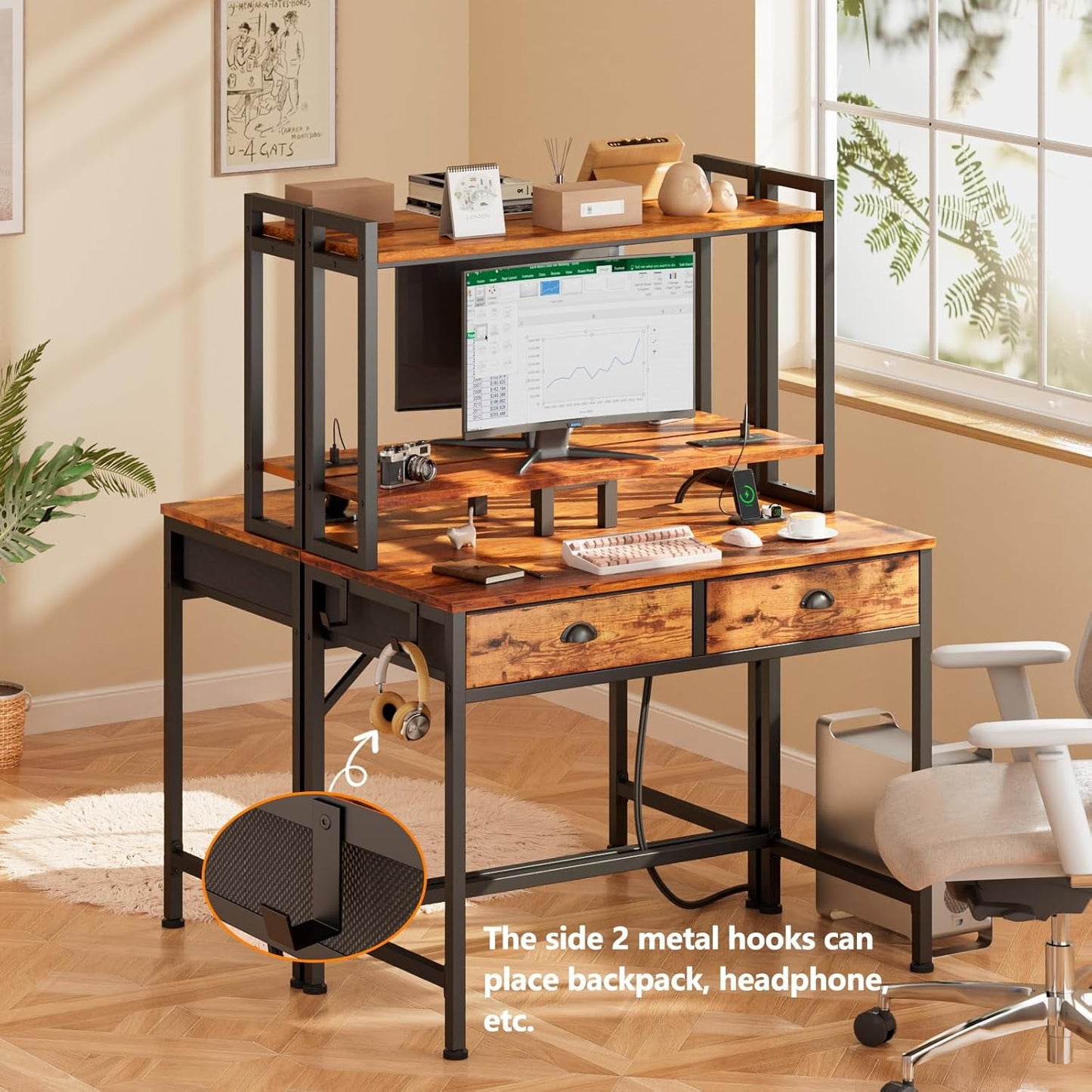 Furologee Small Computer Desk with Power Outlet and 2 Fabric Drawers, Gaming Desk with Light, Home Office Desk with Monitor Stand and Hutch, Study Table with Shelf Rustic Brown