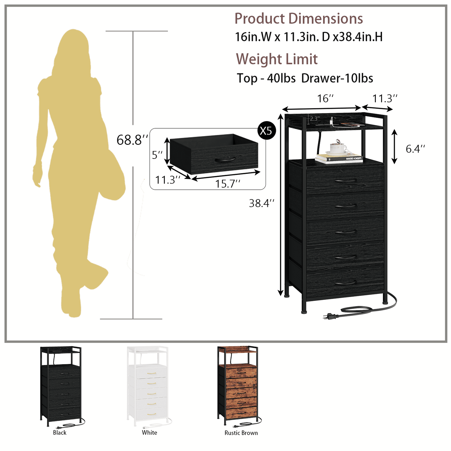 TYDIMOR Tall Dresser for Bedroom, 5 Drawer with Charging Station, Black, Ideal for Adults