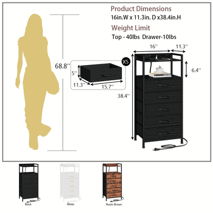TYDIMOR Tall Dresser for Bedroom, 5 Drawer with Charging Station, Black, Ideal for Adults