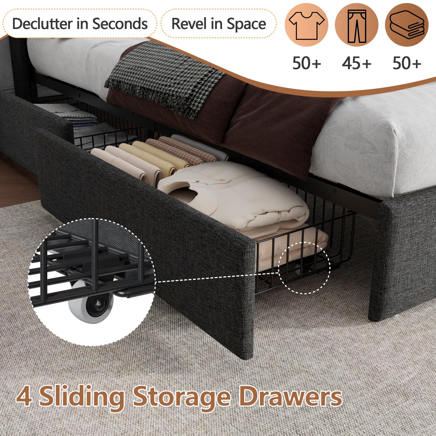 Tydimor Queen Bed Frame with Charging Station, Queen Upholstered Rivet Storage Headboard Platform Beds, Noise-Free, Easy Assembly, Dark Grey