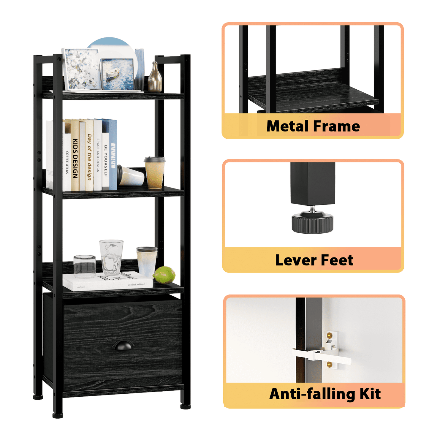 Satifur 4 Tier Ladder Bookcase with Removable Drawer Tall Standing Bookshelf,Black Oak