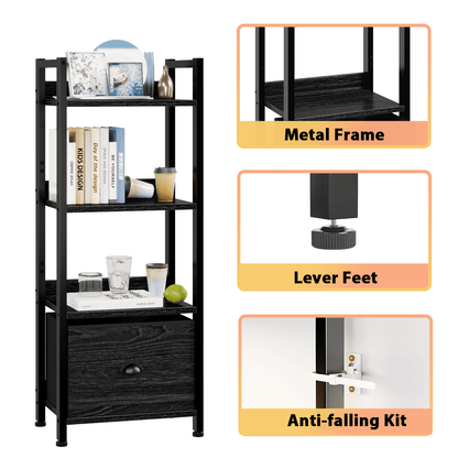 Satifur 4 Tier Ladder Bookcase with Removable Drawer Tall Standing Bookshelf,Black Oak