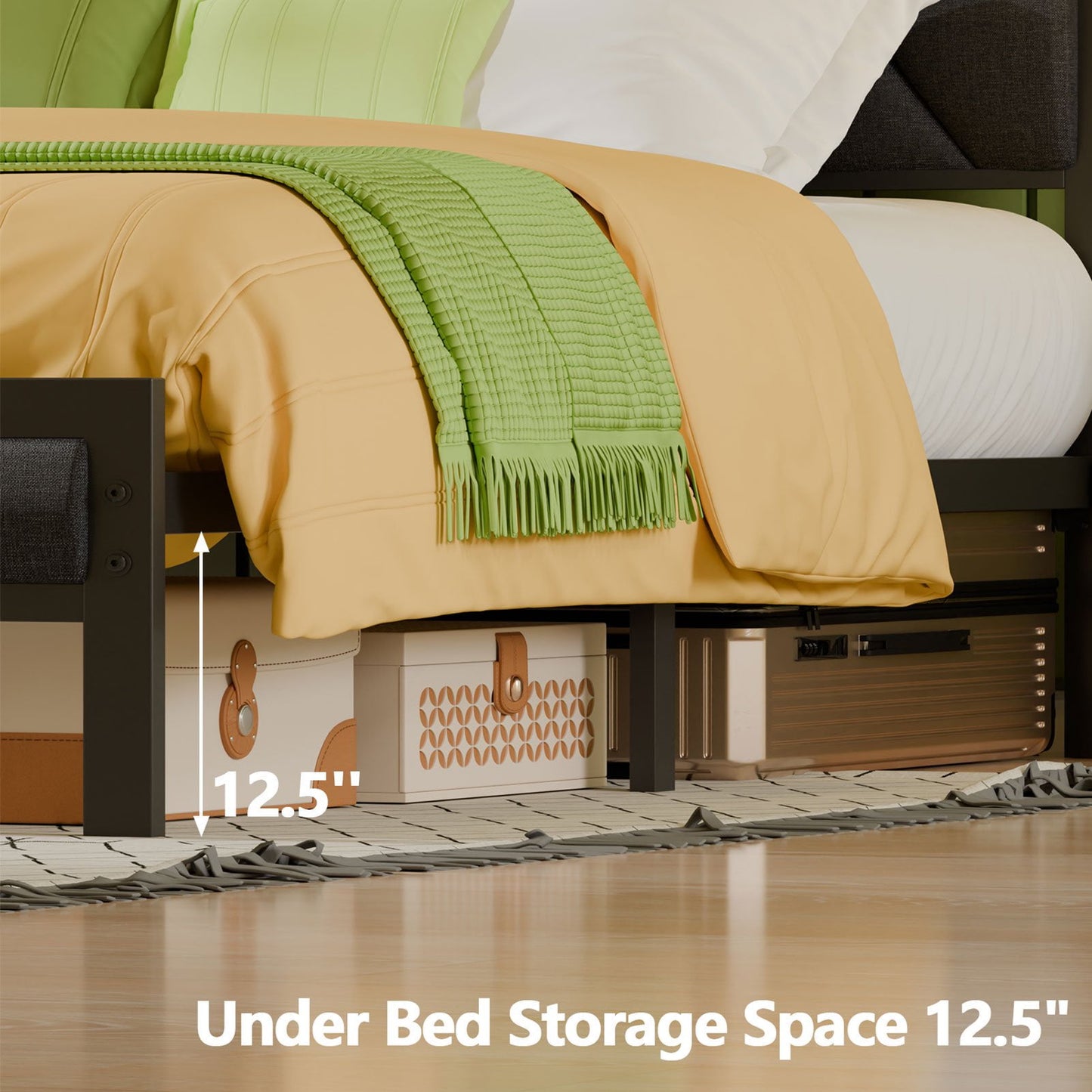 Hexmn Full Size Metal Smart Bed Frame with Upholstered Headboard, LED Lights, USB Ports and Outlets, Storage Shelves & Underbed