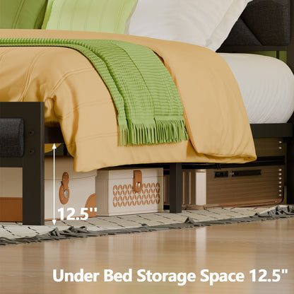 Hexmn Full Size Metal Smart Bed Frame with Upholstered Headboard, LED Lights, USB Ports and Outlets, Storage Shelves & Underbed