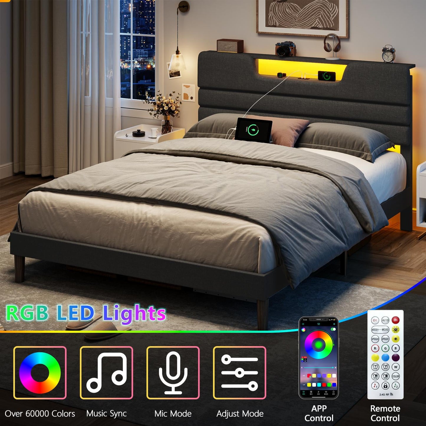 Tydimor Dark Gray Bed Frame with Charge Station, Queen Size Bed Frame with LED Lights & Upholstered Headboard, No Box Spring Needed, Linen Fabric