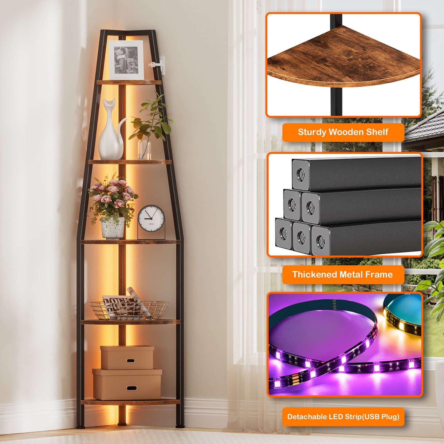 Satifur Corner Shelf Space Saving Freestanding Bookcase with LED Light Strip, Corner Bookshelg for Living Room Bedroom, Rustic Brown