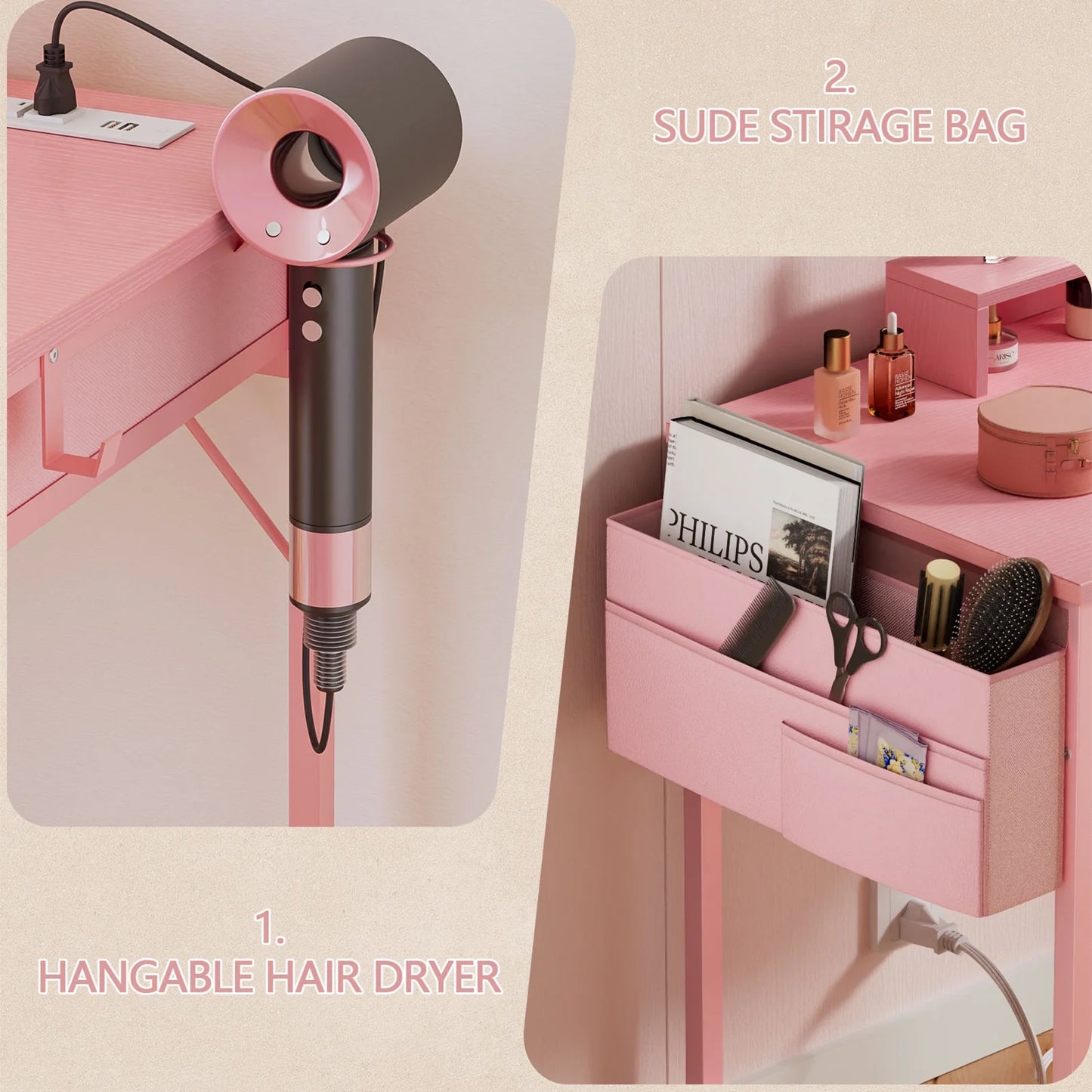 Tydimor Vanity Desk with Mirror & Lights, GRWM Vanity with Drawers & Storage Shelves, Makeup Dressing Table with Stool & Charging, Pink