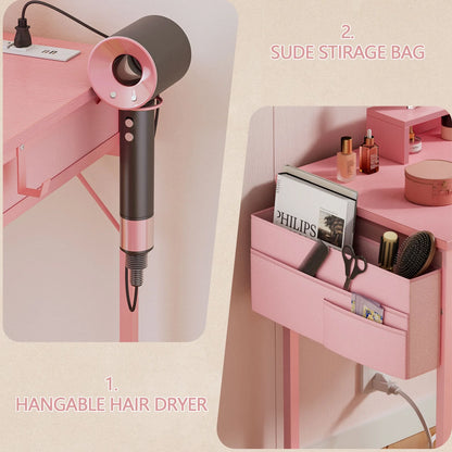 Tydimor Vanity Desk with Mirror & Lights, GRWM Vanity with Drawers & Storage Shelves, Makeup Dressing Table with Stool & Charging, Pink