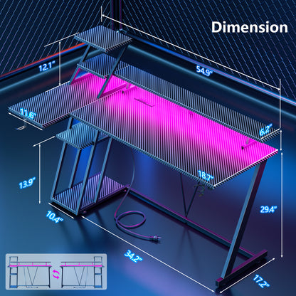 Satifur 55" Carbon Fiber Gaming Desk L-Shaped Computer Desk, RGB Lights & Power Outlets, Black