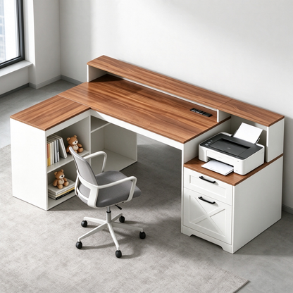 Satifur 59 Inch Farmhouse L‑Shaped Computer Desk with Power Outlet, Home Office Desk with Hutch, Storage Shelves, Cabinet & Printer Stand, Walnut Brown and White