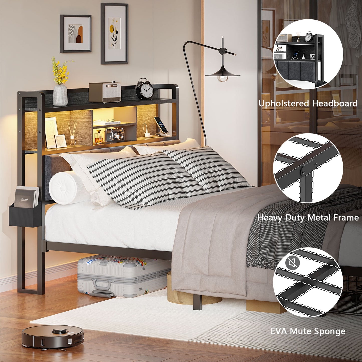 Satifur Queen Size Bed Frame with High LED Storage Headboard Shelf, Metal Bed Platform, Black