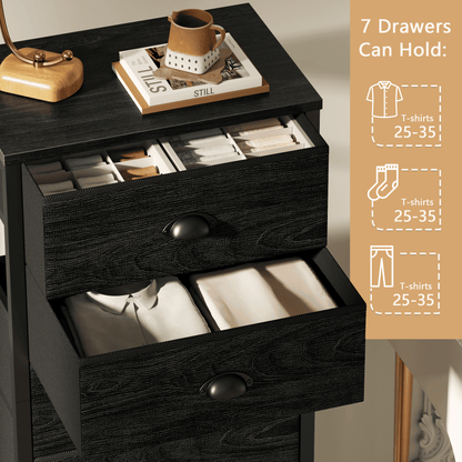 Tydimor 7-Drawer Tall Dresser Bedside Fabric Nightstand with Storage,Black Oak
