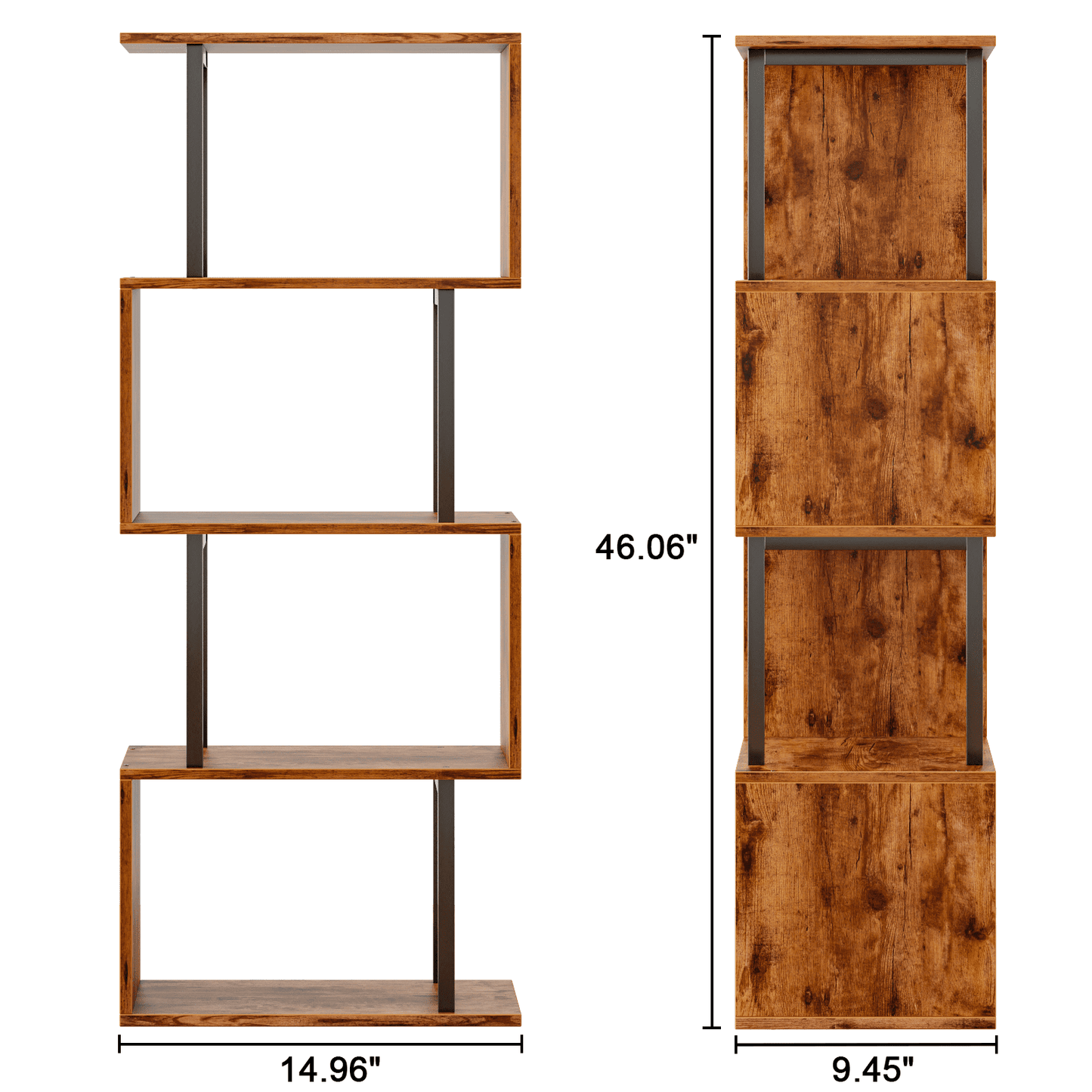 Satifur 4-Tier S-Shaped Geometric Bookcase, Industrial Freestanding Storage Shelving Unit,Rustic Brown
